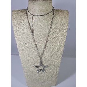 Open Star Pendant Long Necklace Silver Tone Rhinestone Lobster Chain 36"